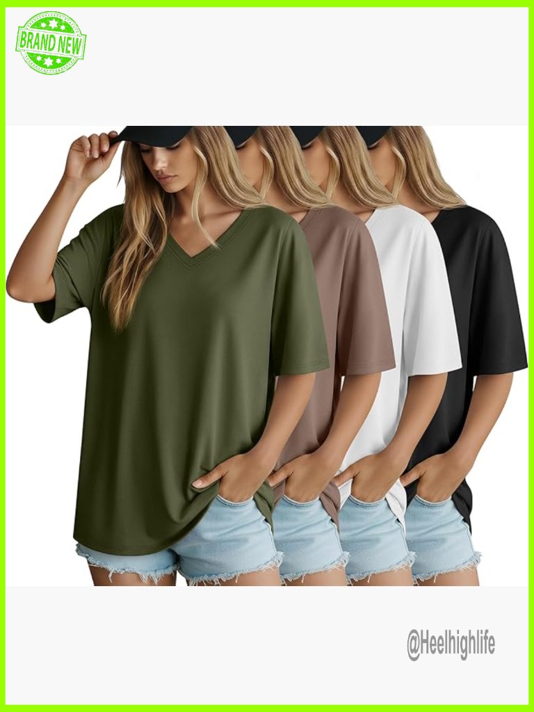 Oversized V-Neck T-Shirts 4 Pack Cotton Spandex Loose Fit Summer Casual